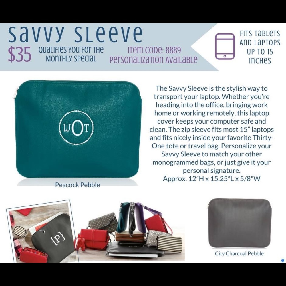 Thirty One Savy Sleeve- Peacock Pebble